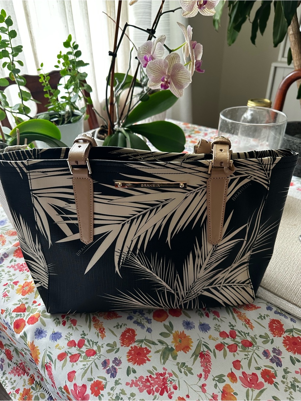 Brahmin Black & Cream Palm-Print Tote with Tan Straps